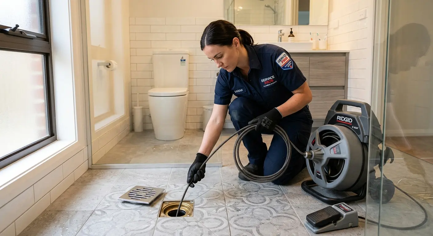 Technician clearing a bathroom floor drain for Sewer Line Replacement in Warren